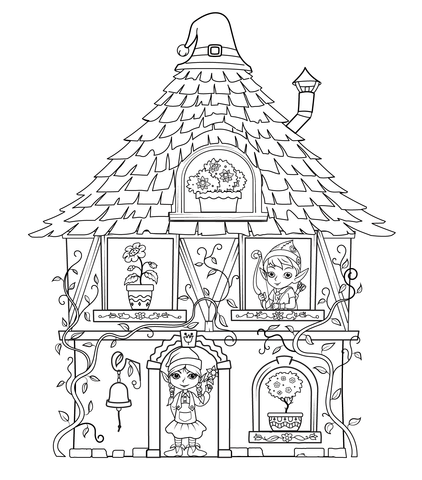 Elf House With Characters Coloring Page